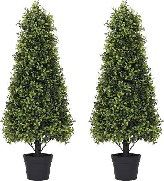3ft Artificial Boxwood Topiary Trees (Set of 2) - UV Resistant Faux Plants Outdoor, Realistic 36in Fake Cone Bushes and Shrubs for Front Porch, Planter, Patio - Low Maintenance & Evergreen