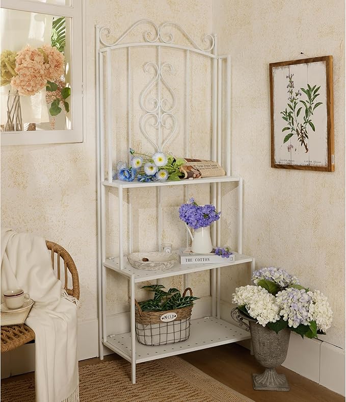 White 3-Layer Floral Plant Stand, French Style Tiered Shelf for Succulents Herbs, Ornate Iron Plant Display for Living Room Garden Decor