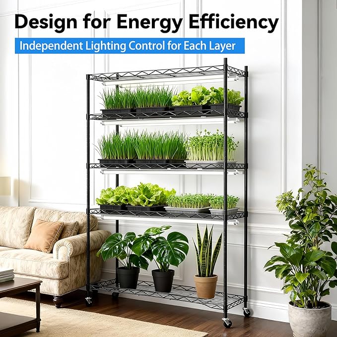 JESLED Indoor Greenhouse with Grow Light, 4FT Full Spectrum 5000K LED Light for Seed Starting, Tiered Lighting Control, Built-in Timer & Thermo-Hygrometer, Rolling Metal Plant Stand (47.2x13.8x70IN)