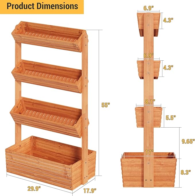 RHINEINMIST Vertical Wooden Raised Garden Bed Planters Wood Planter Kit Plant Stand Flower Rack Planter Box Gardening for Plants Herbs Flowers Vegetables Outdoor Indoor Freestanding (Orange 4-Tier)