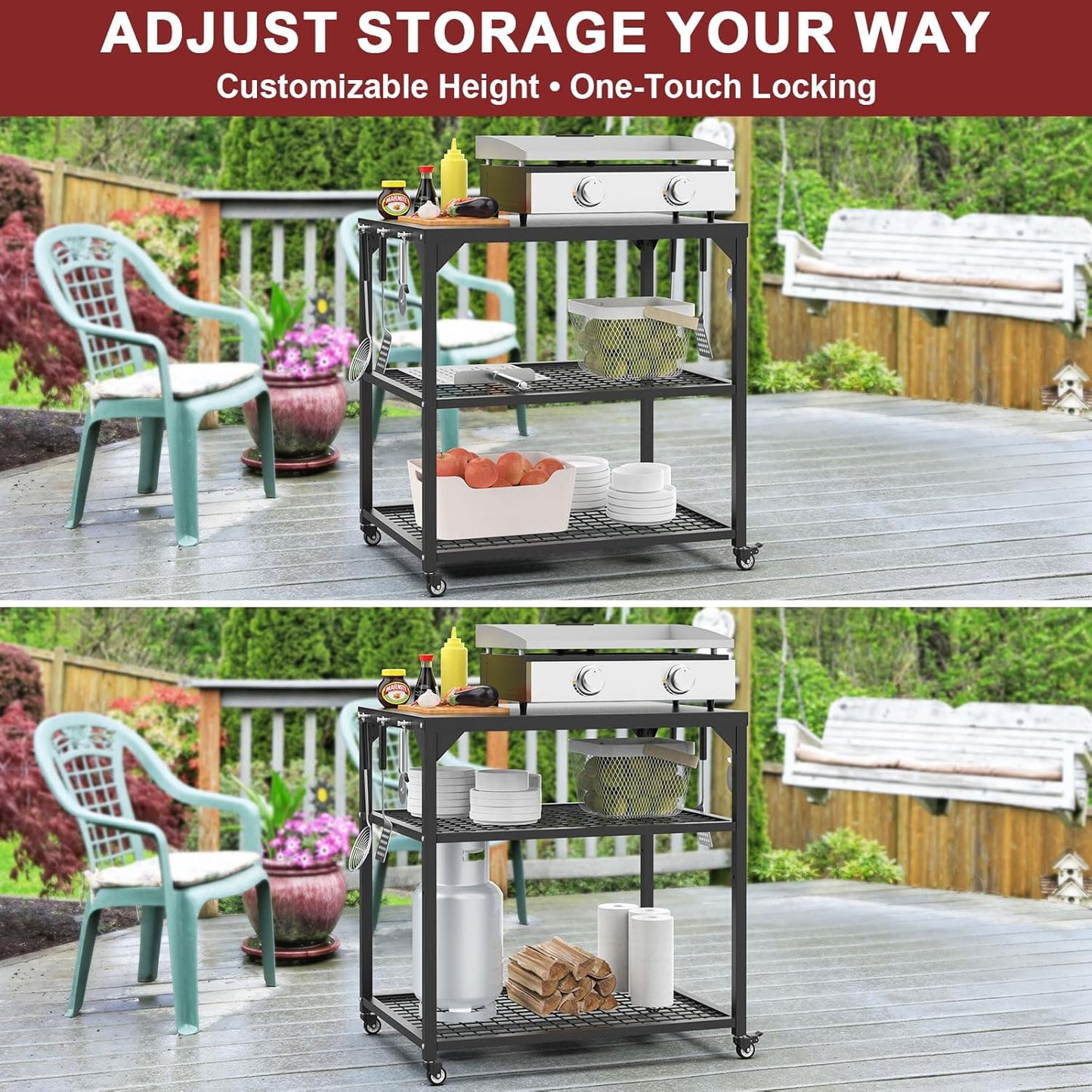 Stainless Steel Pizza Oven Table Cart with Wheels, 3-Shelf Outdoor Grill Stand for Ooni, Blackstone, Ninja Woodfire, Cuisinart and Most Grill – Portable Movable Food Prep Cart & Topping Station