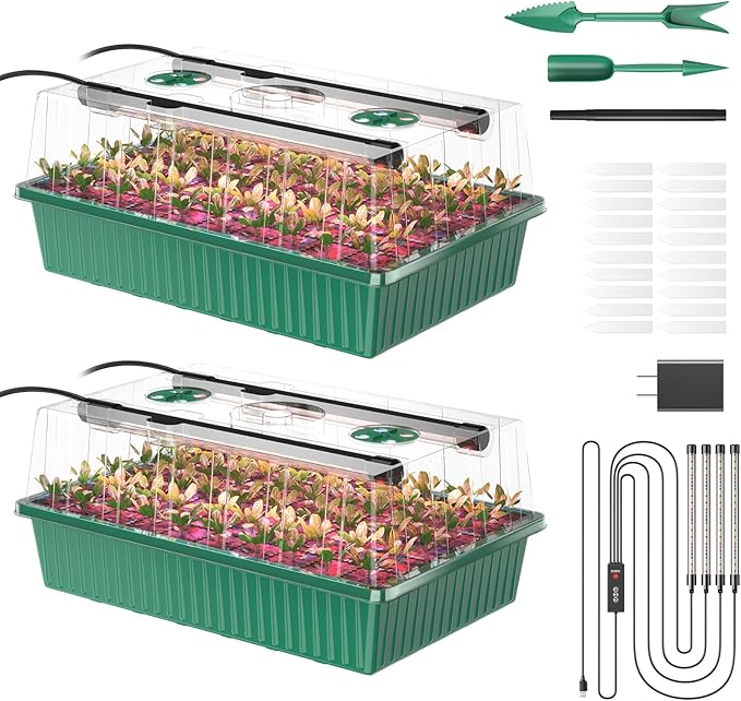 Guioiby Seed Starter Tray, 120-Cells Seed Starter Kit with Grow Light, 2 Pack Reusable Seeding Starter Trays with Air Vent Humidity Domes for Greenhouse Gardening Indoor Planting Growing (Green Base)