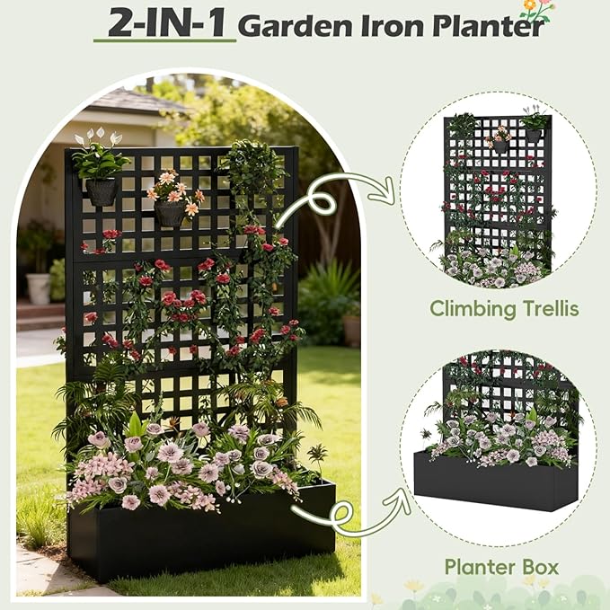 Callales Metal Raised Garden Bed with Trellis Set of 2, Vegetable and Flower Garden Boxes, Black Planter Box with Trellis for Climbing Plants Vegetable Outdoor Indoor, Large 2Pcs Set