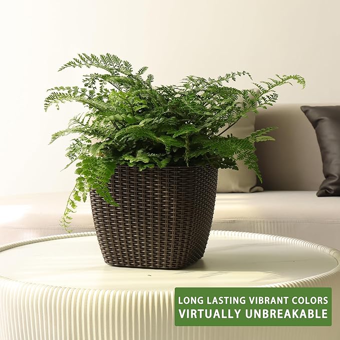 Dexceder 9x8 Self Watering Planter Indoor Outdoor, Inner Mat Design, Thickened Table Flower Plant Pot with Water Level Indicator (Brown Rattan)