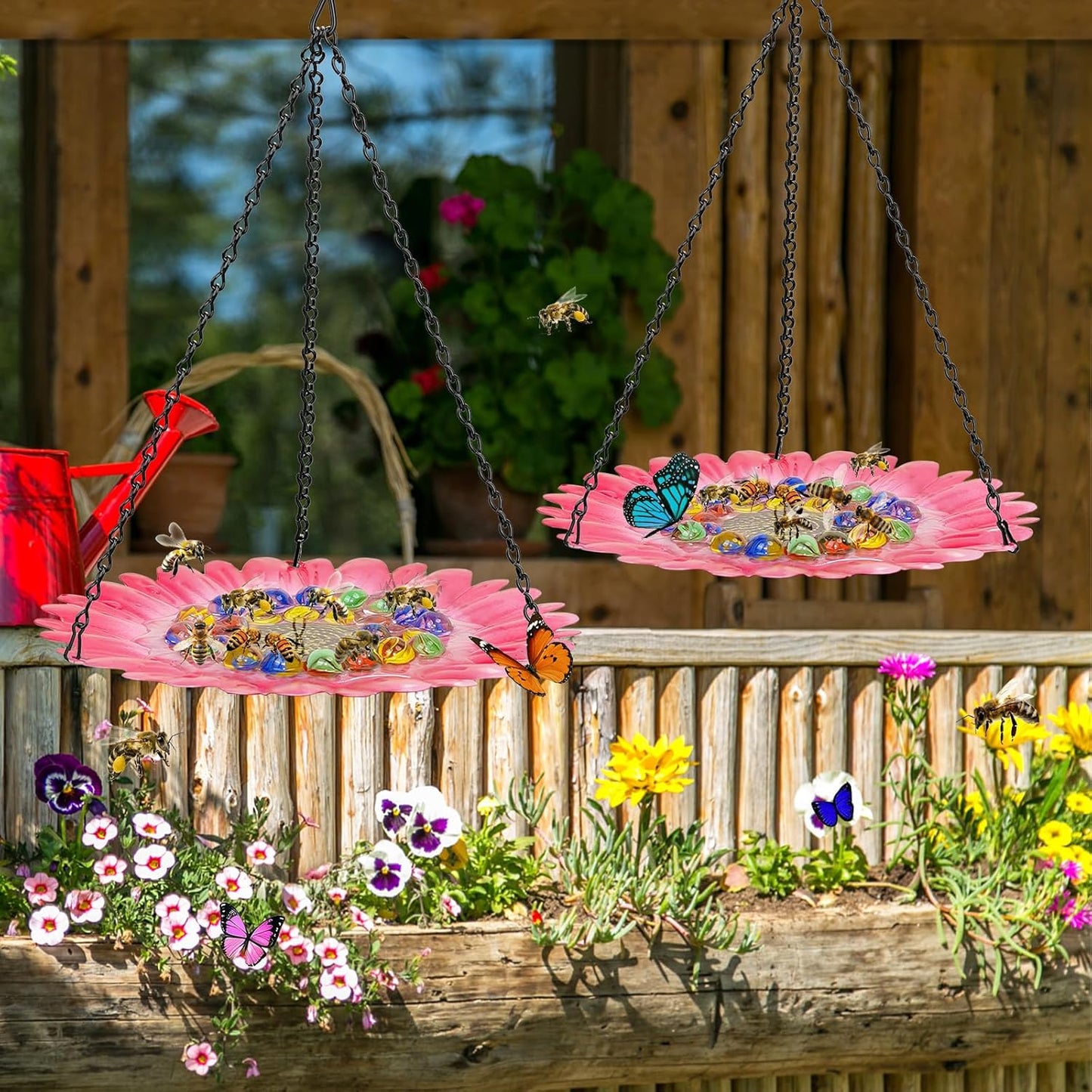 Bee Watering Station for Garden, Bee Bath Feeders for Outside with Vivid Flower Design, Hanging Butterfly Bowl with Glass Balls for Outdoor Courtyard Decoration (2Pcs-Pink)