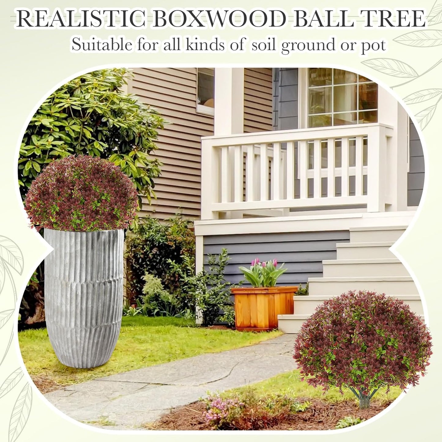 Yunlly 2 Pack 18" Artificial Boxwood Ball Bush Topiary Trees Fake Outdoor Plants, Realistic UV Resistance Faux Shrubs with Spike Greenery Topiary for Front Porch Garden Yard Patio Indoor (Dark Red)