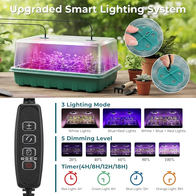 Hanaoyo 96 Cells Seed Starter Tray with Lights, 2 Packs Seed Starter Kit with Humidity Vented Domes and High Lid, Adjustable Brightness Germination Kit for Indoor Greenhouse Seed Starter