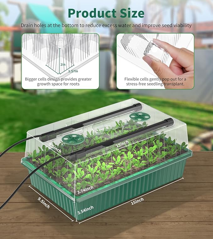 Guioiby Seed Starter Tray, 120-Cells Seed Starter Kit with Grow Light, 2 Pack Reusable Seeding Starter Trays with Air Vent Humidity Domes for Greenhouse Gardening Indoor Planting Growing (Green Base)