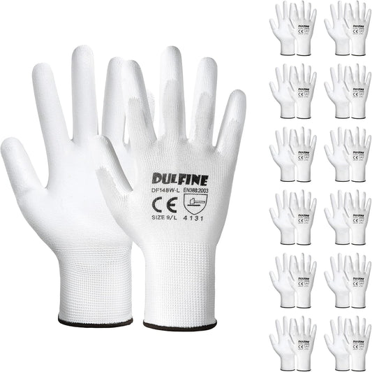 DULFINE Safety Work Gloves PU Coated-12 Pairs,White Seamless Knit Glove with Polyurethane Coated Smooth Grip on Palm & Fingers, for Men and Women, Ideal for General Duty Work (Large)