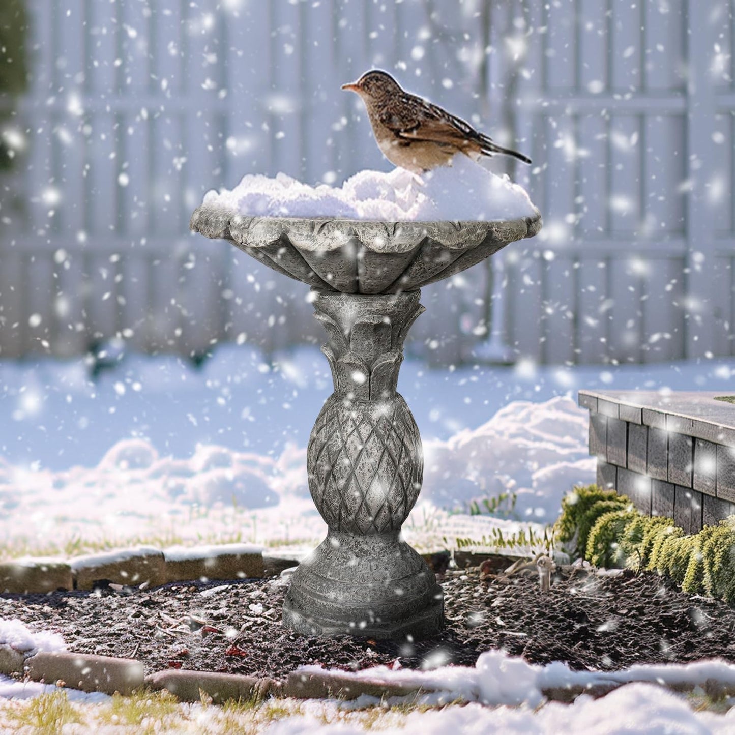 watnature 24.8" H Cement Modern Outdoor Bird Bath - Fibre Reinforced Concrete Bird Baths for Garden, Large Size Elegant Carved Garden Birdbaths with Pedestal for Patio, Backyard, Lawn Decor