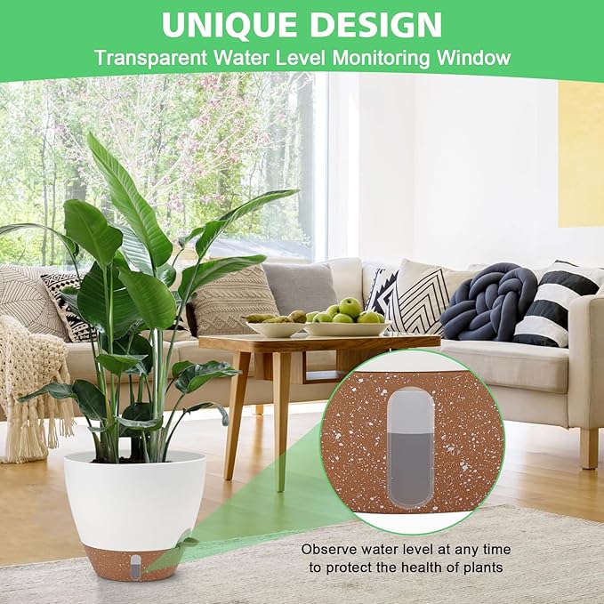 12" 10" 9" 8" Self Watering Pots with Water Level Indicator, Large Plastic Planters Set with Mesh Drainage Hole and Removable Saucer Reservoir, Big Flower Pot for Indoor Outdoor Plants - White