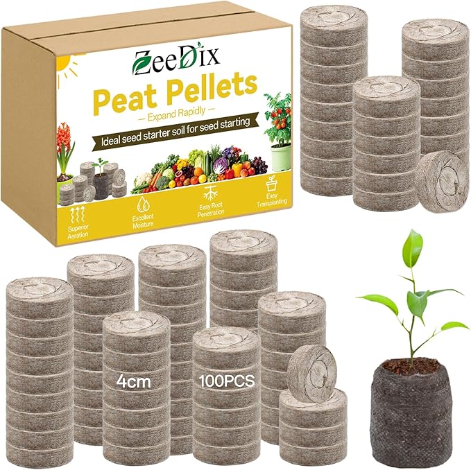 ZeeDix 100Pcs 40mm Peat Pellets for Seedlings, Seed Starter Pods Seed Starting Plugs Soil, Compressed Nutrient Block Potting Soil Discs Pellet for Planting Herbs Flowers Vegetables