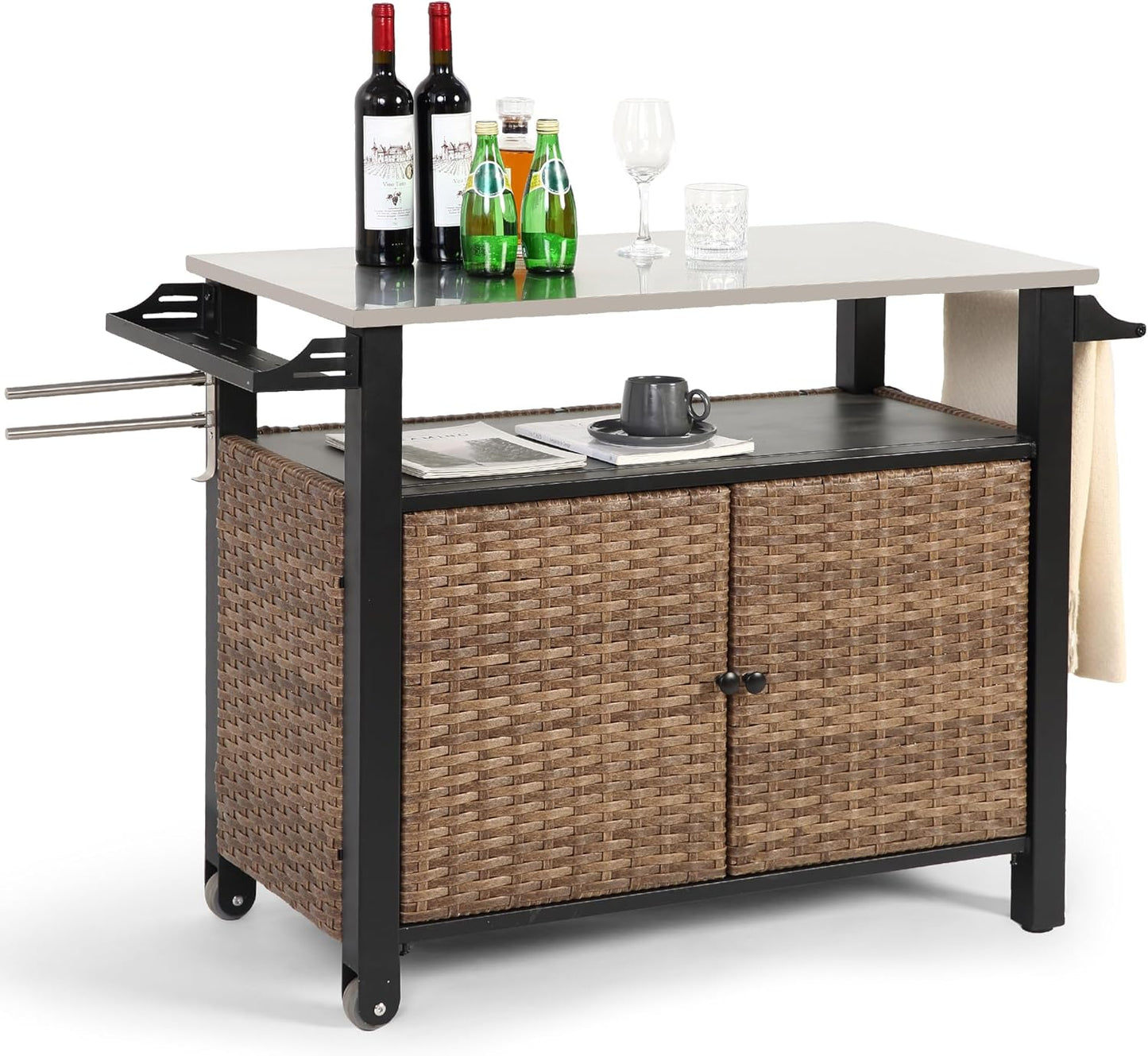 HOMEFUN Kitchen Island Cart Wicker Grill Prep Station & Stainless Steel Outdoor Serving Bar Table with Hooks Wheels Poolside Patio Grassland (Large)