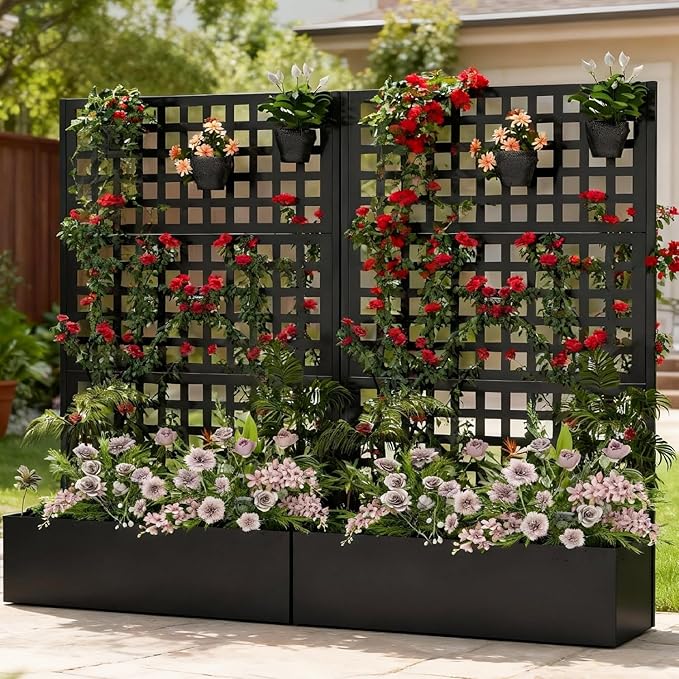 Callales Metal Raised Garden Bed with Trellis, Vegetable and Flower Garden Boxes, Black Planter Box with Trellis for Climbing Plants Vegetable Outdoor Indoor, Large 1Pc