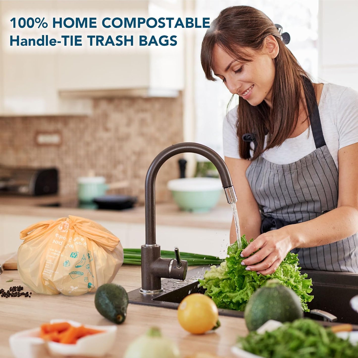 1.6 Gallon Compostable Handle Tie Garbage Bags, Small Trash Bags for Countertop Bin, Extra Thick 0.78 Mils, Certified US BPI ASTM D6400, 6 Liter, 50 Count