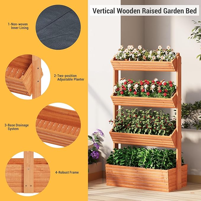 RHINEINMIST Vertical Wooden Raised Garden Bed Planters Wood Planter Kit Plant Stand Flower Rack Planter Box Gardening for Plants Herbs Flowers Vegetables Outdoor Indoor Freestanding (Orange 4-Tier)