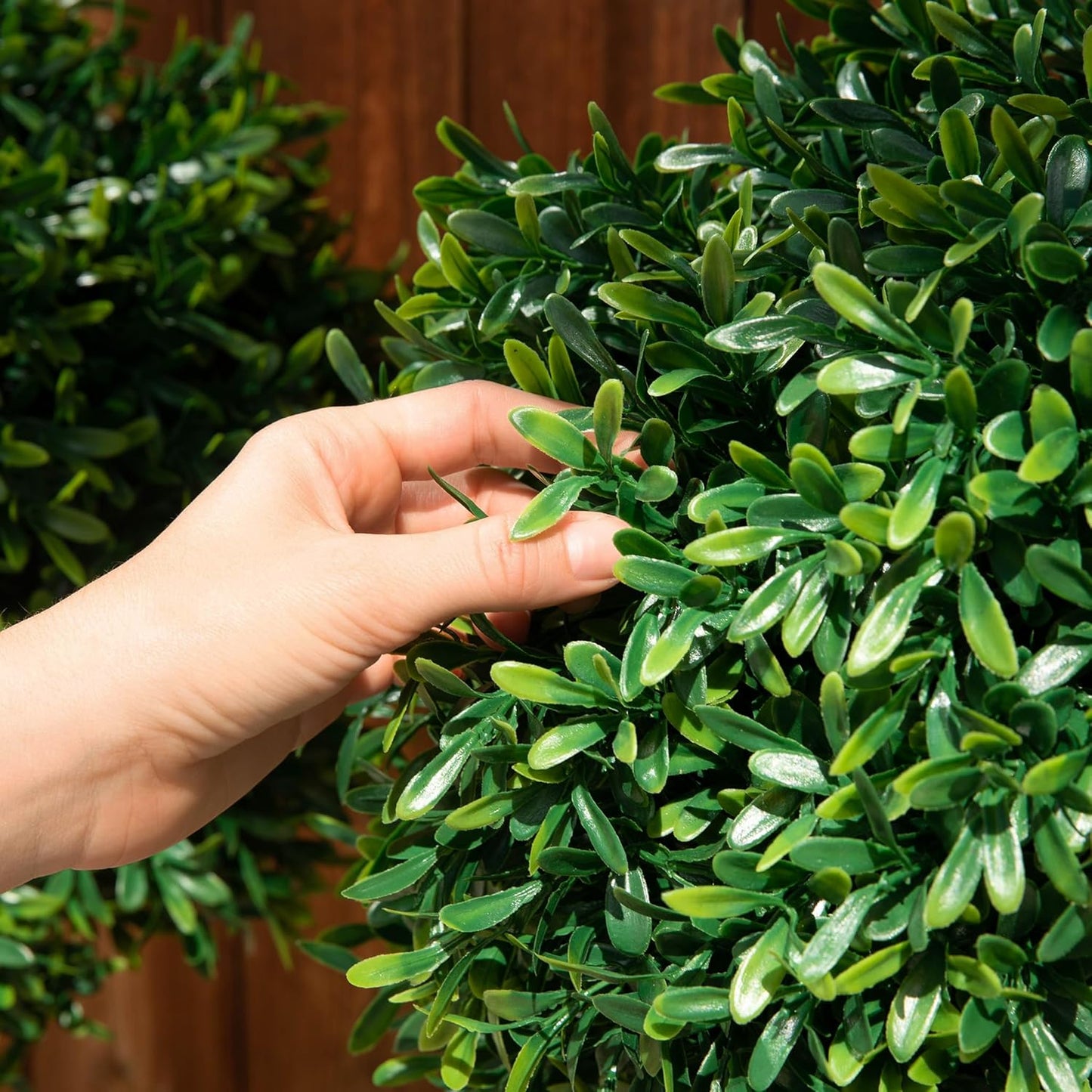 Premium 16" Diameter Artificial Japanese Boxwood Topiary – Set of 2 Faux Plants in Beige Decorative Planters – Realistic, UV-Resistant, Weatherproof Outdoor & Indoor Décor