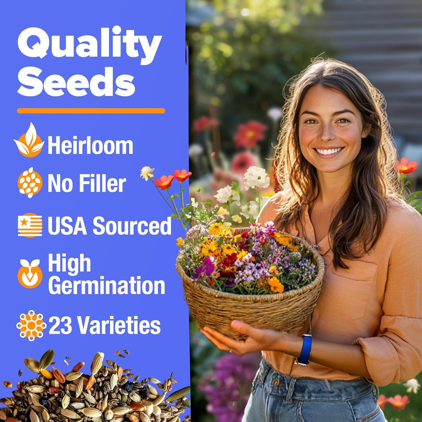 HOME GROWN Wildflower Seeds – 134,000+ Pure 𝗡𝗢𝗡-𝗚𝗠𝗢 𝗨𝗦𝗔 Seeds, No Filler – 23 Varieties Bulk Mix (3oz) for Birds & Butterflies – Annual & Perennial Wild Flowers for Fall Garden Planting