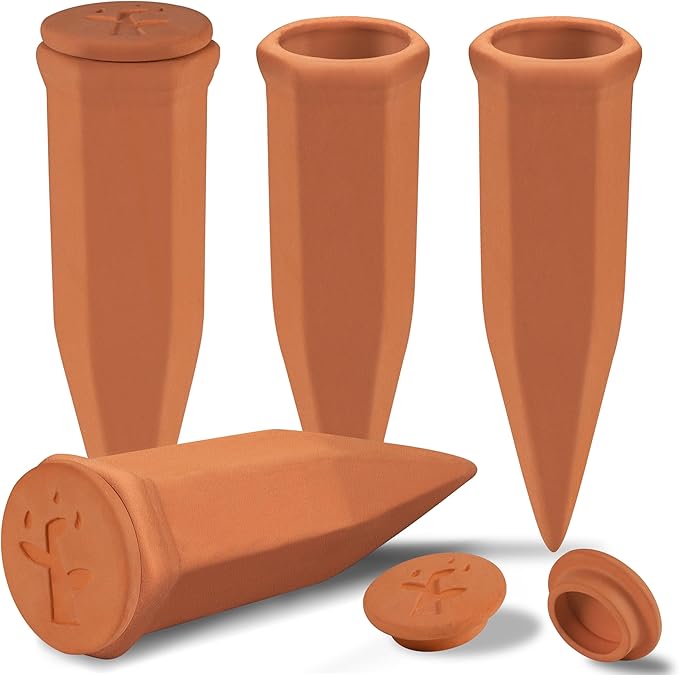 Soilagua Large Terracotta Watering Spikes with Lids, Automatic Plant Waterer Outdoor | Indoor, Vacation Friendly Clay Plant Watering Devices System, Slow Release Self Watering Planter Insert, 4 Pack