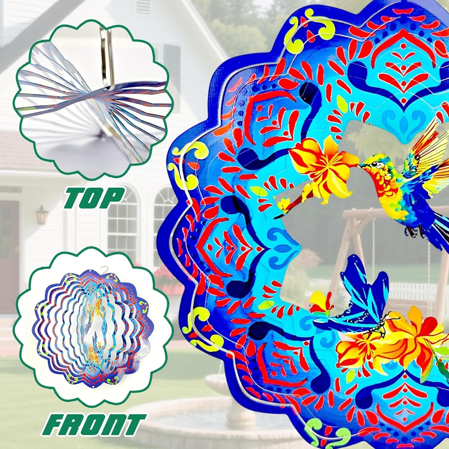 Wind Spinners 12 inch 3D Stainless Steel Laser Cut Metal Art Geometric Pattern Wind Sculpture Hanging for Garden Decorations Gifts Indoor Outdoor Blue