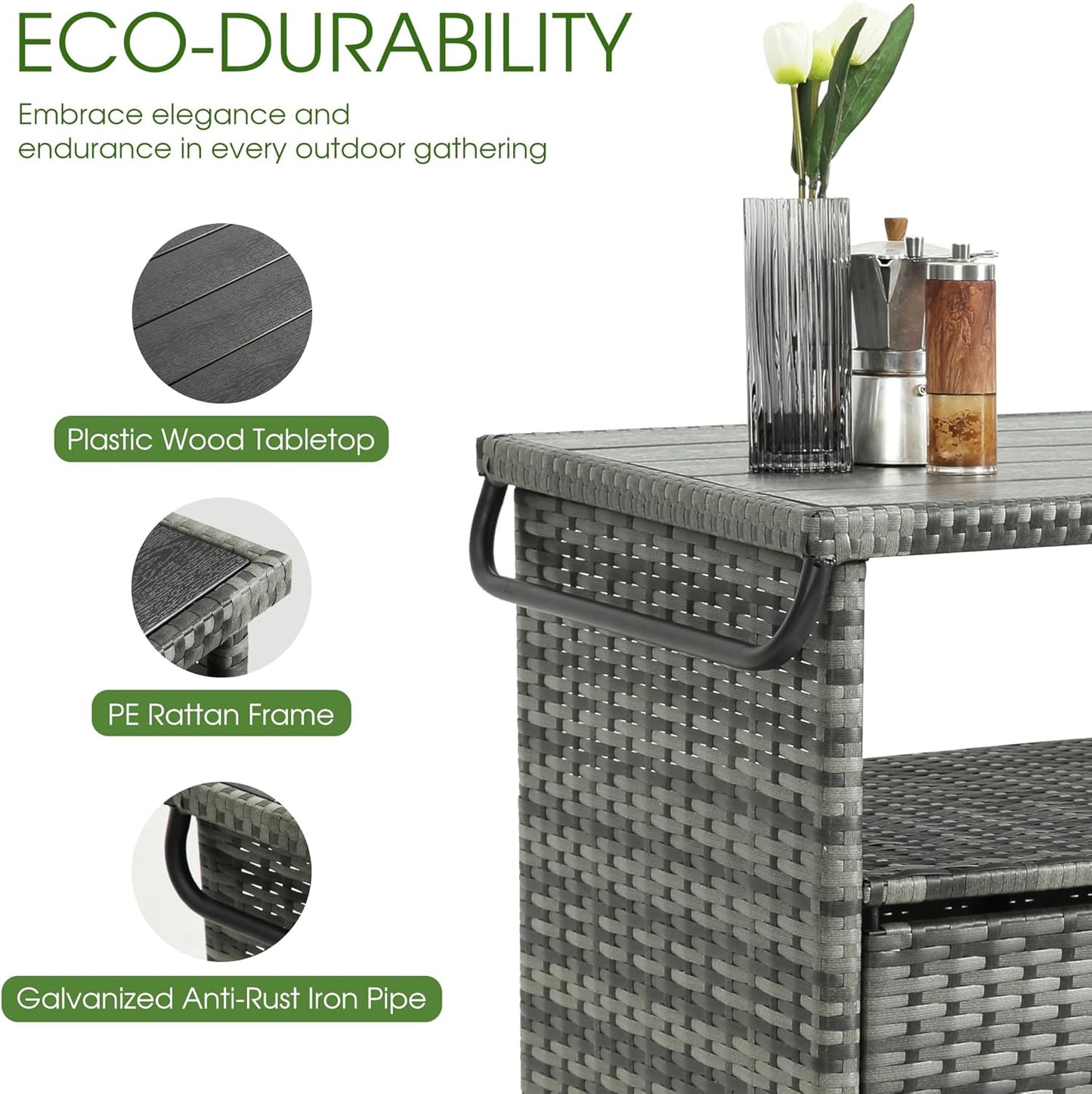 HOMEFUN Outdoor Grill Carts with Storage Cabinet - Outside Bar Cart with Wheels Wicker Patio Kitchen Island Table Weatherproof Prep Stand, Grey