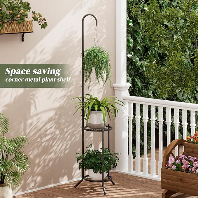 PULIJIAJU 2-tier Hanging Plant Stand Indoor and Outdoor, Space-Saving Iron Plant Shelf, 3 Potted Flower Pot Stand ,Planter Holder for Bedroom Balcony Living Room Patio Garden(Hook Style)