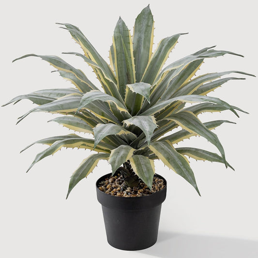 SUNPRAIRIE 32 Inch Tall Large Faux Agave Plant with Two-Tone Sawtooth Edged Leaves; Planted in Black Pot with Real Stone Pebbles. Large Artificial Plants Indoor and Outdoor.