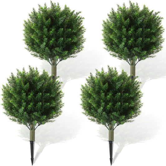 Yunlly 4 Pcs Artificial Cedar Topiary Ball Fake Tree 18" Bush Front Porch Decor Artificial Shrubs for Outdoors Faux Cypress with Ground Spike, Evergreen Plants for Indoor Garden Patio, UV Resistance