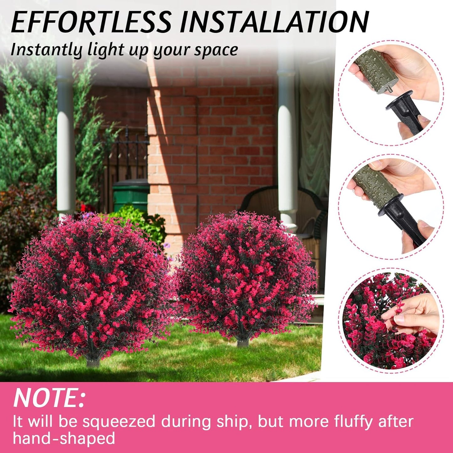 Yunlly 2 Pcs 18 Inch Artificial Boxwood Ball Topiary Tree Fake Outdoor Plants Bush, UV Resistance Faux Shrubs with Spike Realistic Greenery Potted for Indoor Garden Yard Porch Patio Decor (Rose Red)