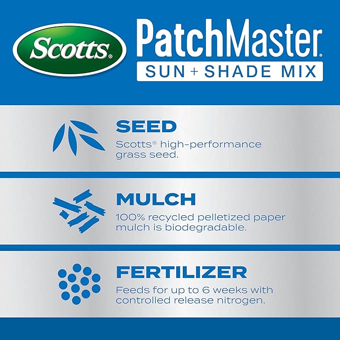 Scotts PatchMaster Lawn Repair Mix Sun + Shade Mix, Combination Grass Seed, Fertilizer, and Mulch, 4.75 lbs.