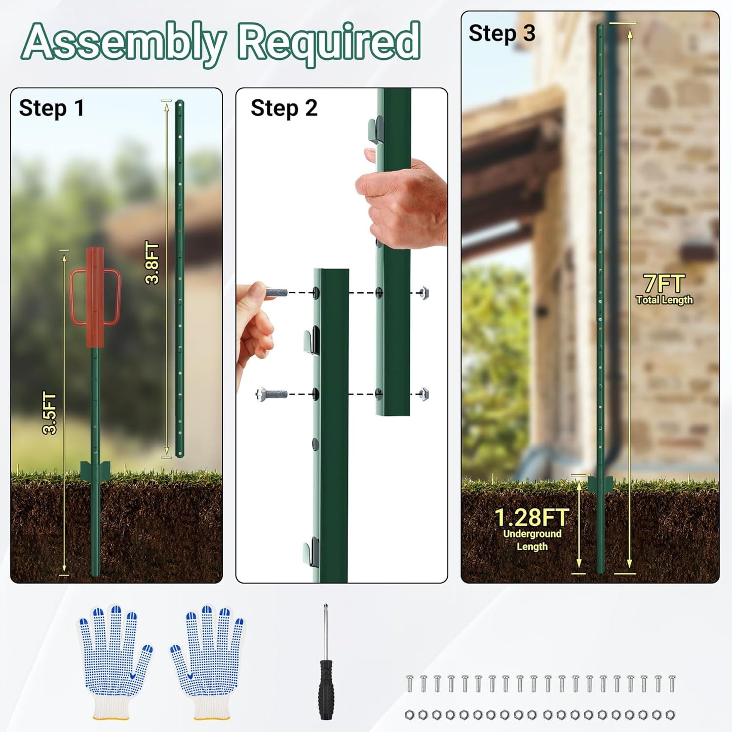 Fence Posts 7 Ft - 16 Pack, Requires Manual Assembly, Heavy Duty Metal Fence Post, No Dig U Post for Farm, Garden, Orchard and Outdoor Wire Fencing (Green)