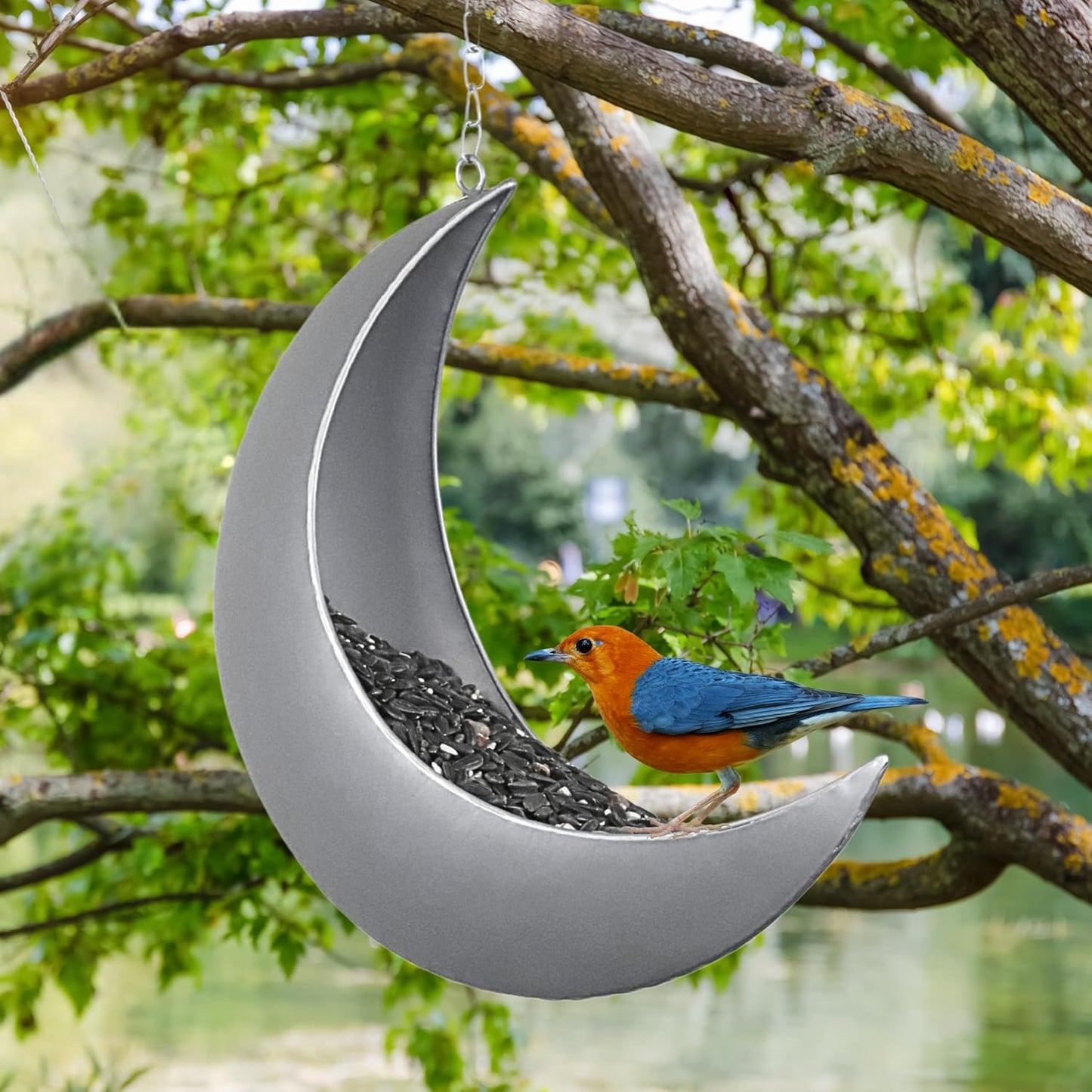 Hanging Moon Bird Feeder – Unique Metal Bird Feeders for Outdoors, Silver Rust-Resistant, Drain Holes – Wild Bird Feeder for Bluebirds, Cardinals, Finches, and Backyard Birdwatching