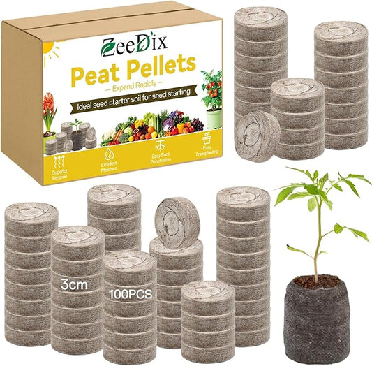 ZeeDix 100Pcs 30mm Peat Pellets for Seedlings, Seed Starter Pods Seed Starting Plugs Soil, Compressed Nutrient Block Potting Soil Discs Pellet for Planting Herbs Flowers Vegetables