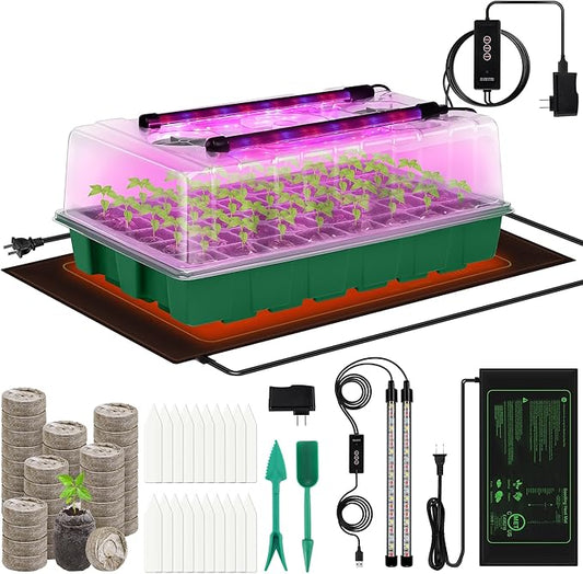 Hahood Seed Starter Kit 40-Cell Seed Starter Tray with Grow Lights Full Spectrum Seedling Heat Mat 40 Peat Pellets Seeds Starting Soil Plant Labels Garden Tools for Germination Seeds Growing, Green