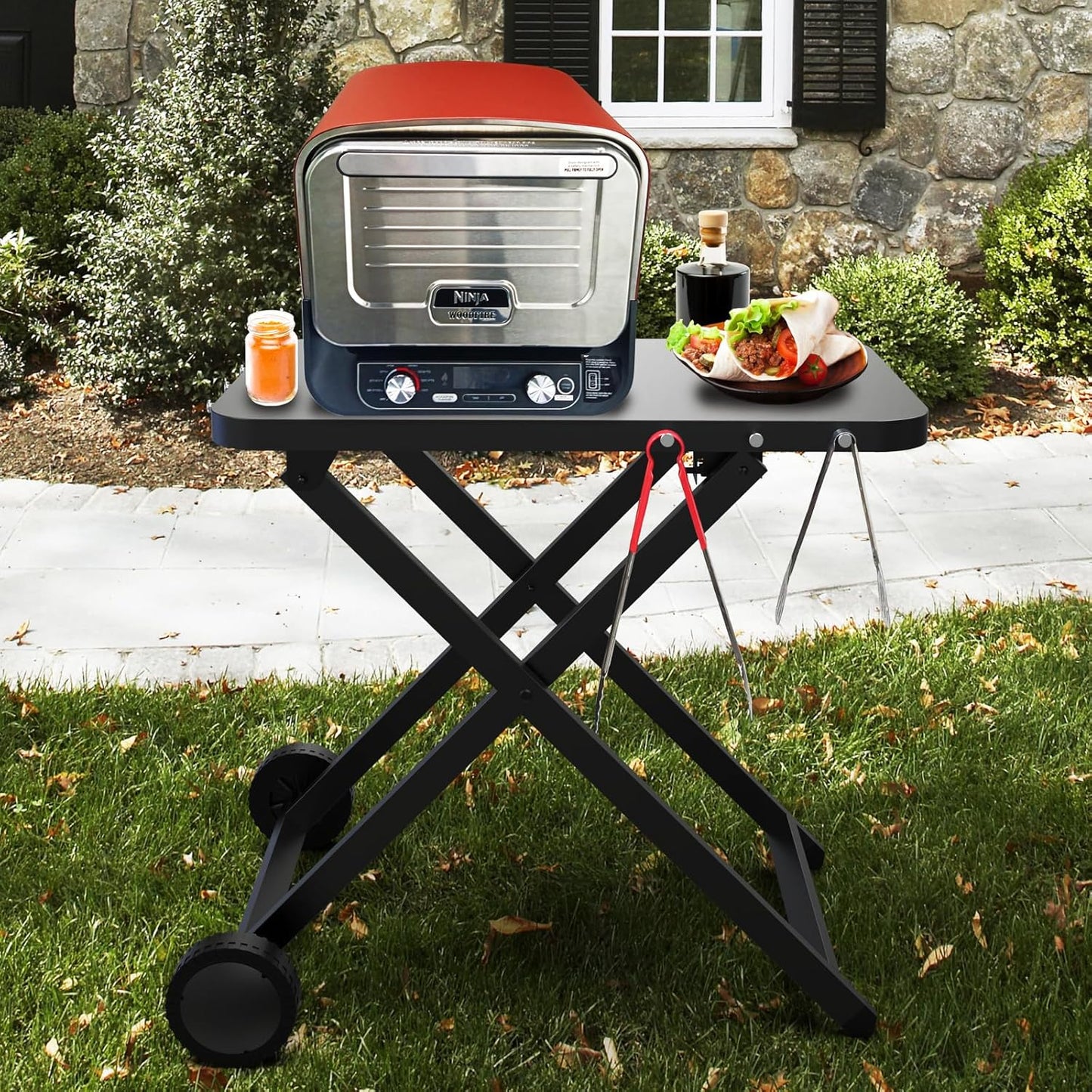 Portable Grill Table, Outdoor Prep Table with 2 Wheels, Pizza Oven Cart for Ninja Woodfire, Ninja Woodfire XL Pro, Weber Q, Ooni Table Top Grill, Folding Grill Cart for Picnic, Camping, RV