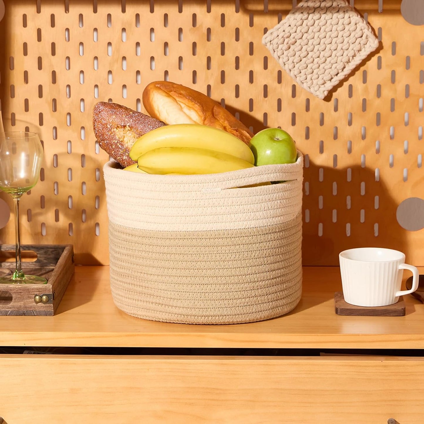 Small Basket for Organizing | Cube Shelf Closet Storage Baskets | 9.7×9.7×7.1” | Woven Rope Gift Basket | Nursery | Round 3 Packs Tan