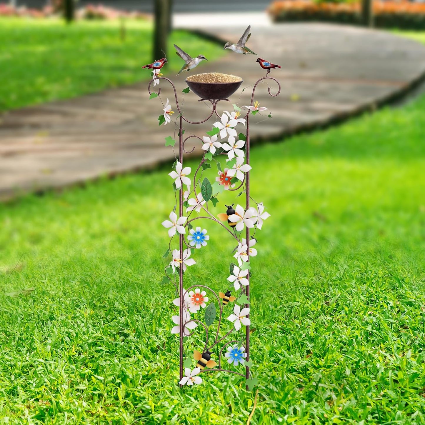 Bird Bath for Outside - Antique Iron Bird Bath with Trellis,Detachable Decorative Hummingbird Bowl,Metal Plant Support for Climbing Flowers,Elegant Outdoor Garden Feature (Honeybee)