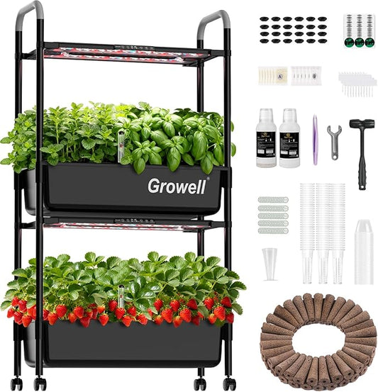 Growell Hydroponics Growing System Kit, 54 Pods Vertical Indoor Herb Garden with Smart LED Grow Light, Auto Circulating Water Pump Each Tier, 28L Hydroponic Gardening Systems for Ideal Gifts (Black)