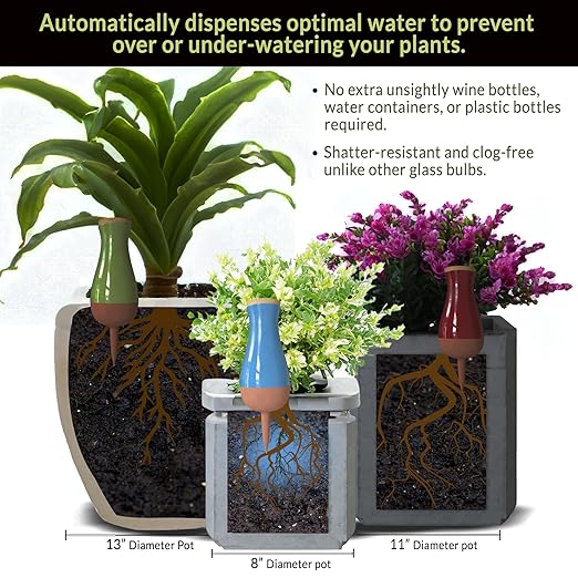 SmartiLiving Drip Irrigation Stakes - Extra Large Improved Drip Easy-Refill 4 Week Waterer System with Large Reservoir Bulbs - Automatic Self-Watering Device for Indoor & Outdoor Plants