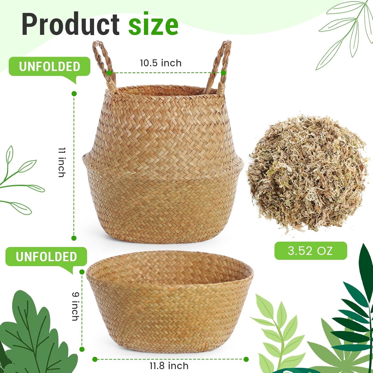 1 Pack Large Wicker Plant Basket with Handle 10 Inch Woven Seagrass Belly Basket and Artificial Moss for Plants Picnic Grocery Laundry House Storage Home Decor (Large)