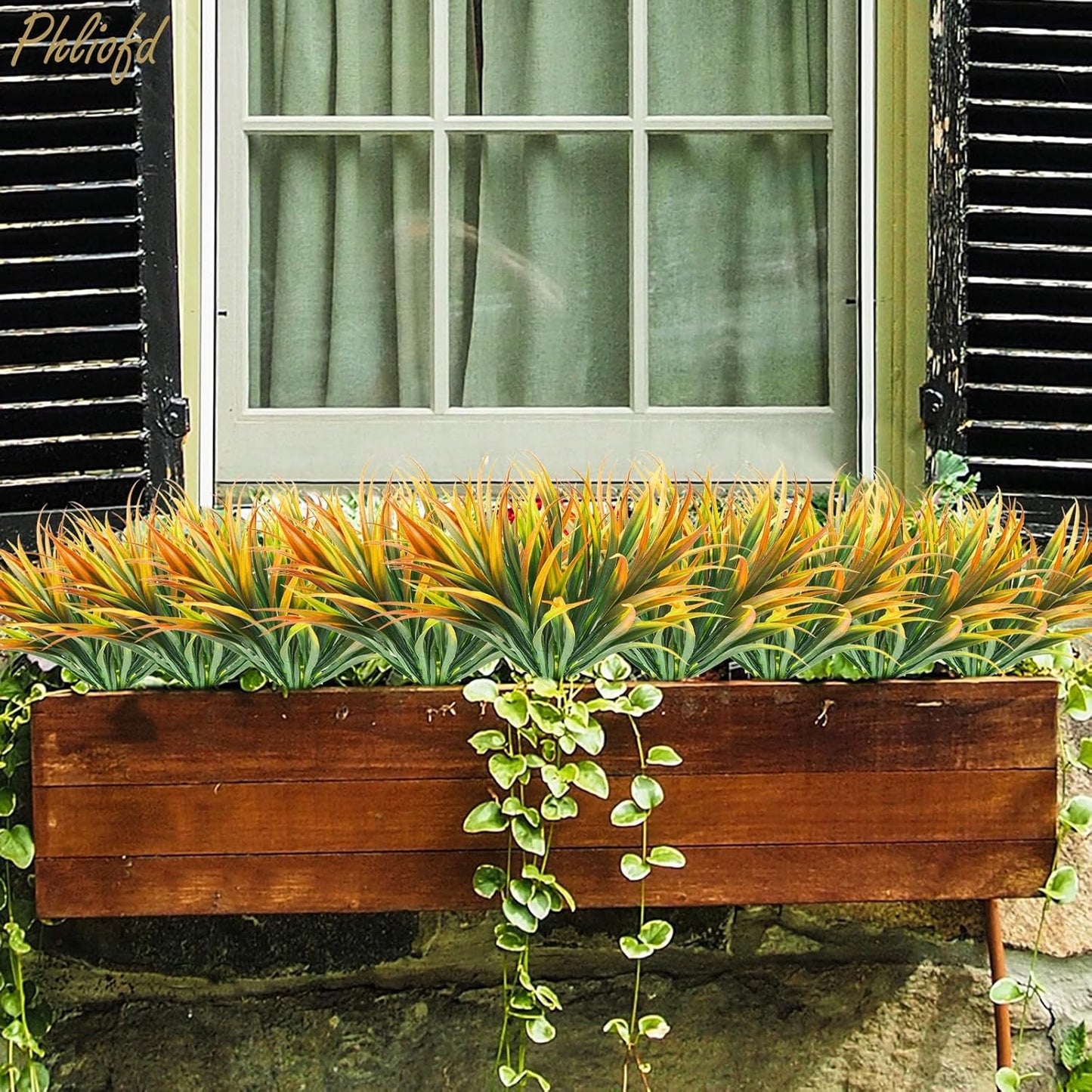 32 Pcs Artificial Grass Fake Plants 17.3in Outdoor Plastic Plants UV Resistant Greenery Fake Grass for Home Window Garden Office Patio Hanging Planter Pathway Front Porch Décor Orange Yellow