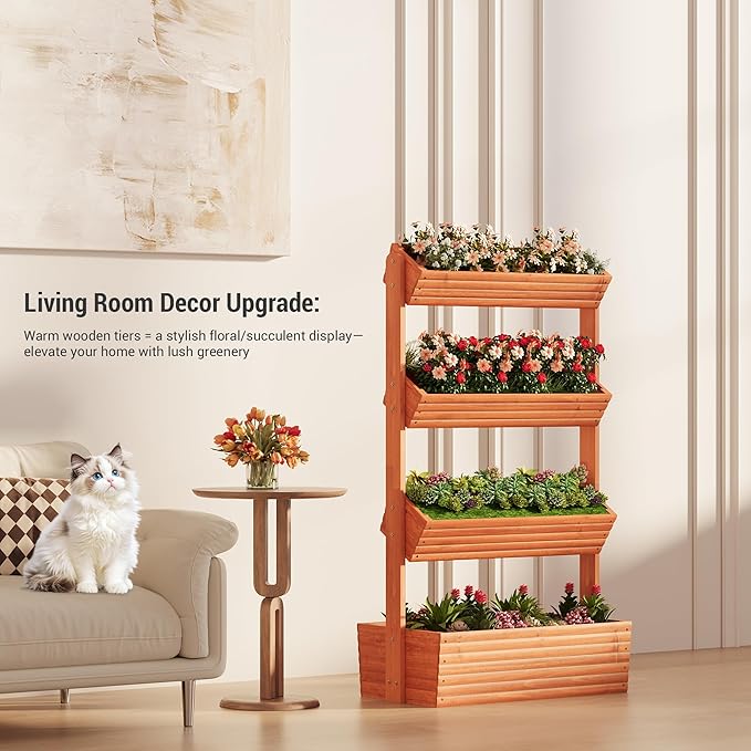 RHINEINMIST Vertical Wooden Raised Garden Bed Planters Wood Planter Kit Plant Stand Flower Rack Planter Box Gardening for Plants Herbs Flowers Vegetables Outdoor Indoor Freestanding (Orange 4-Tier)