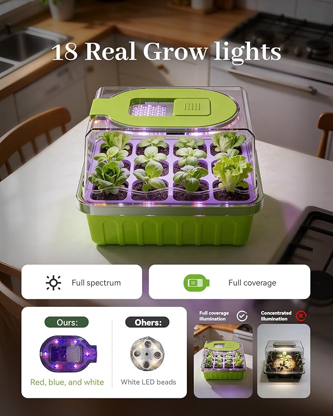 RAINPOINT 2 Pack Seed Starter Tray with Grow Light,2 * 12-Cell Indoor Seed Starter Kit,Flexible Silicone Designed Seedling Starter Trays,Germination Tray with Humidity Dome & Lids, Reusable