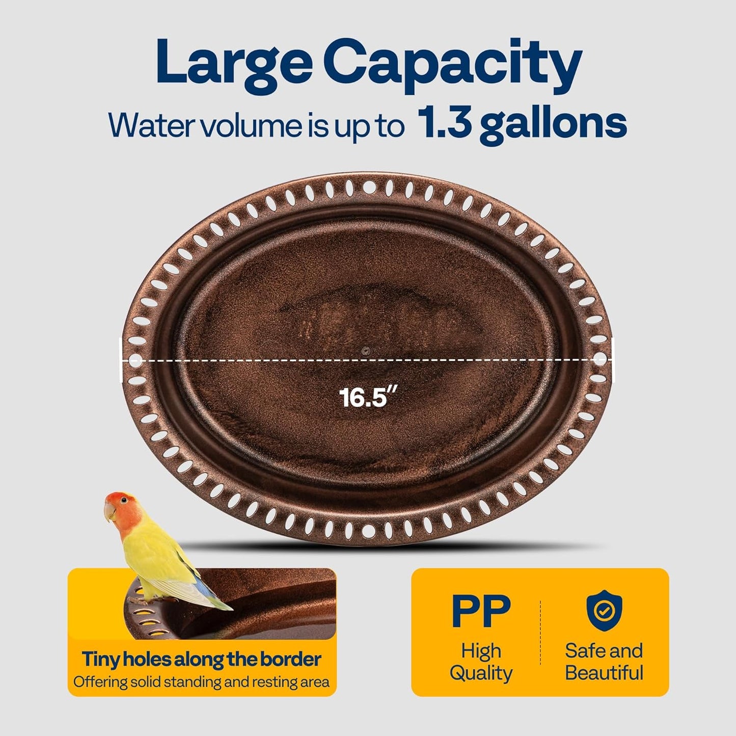 VIVOHOME Oval Polyresin Bird Bath Bowl with Metal Stake, 29 Inch Height Outdoor Freestanding Birdfeeder, Capacity 1.3 Gallons, 5-Pronged Base, Bronze