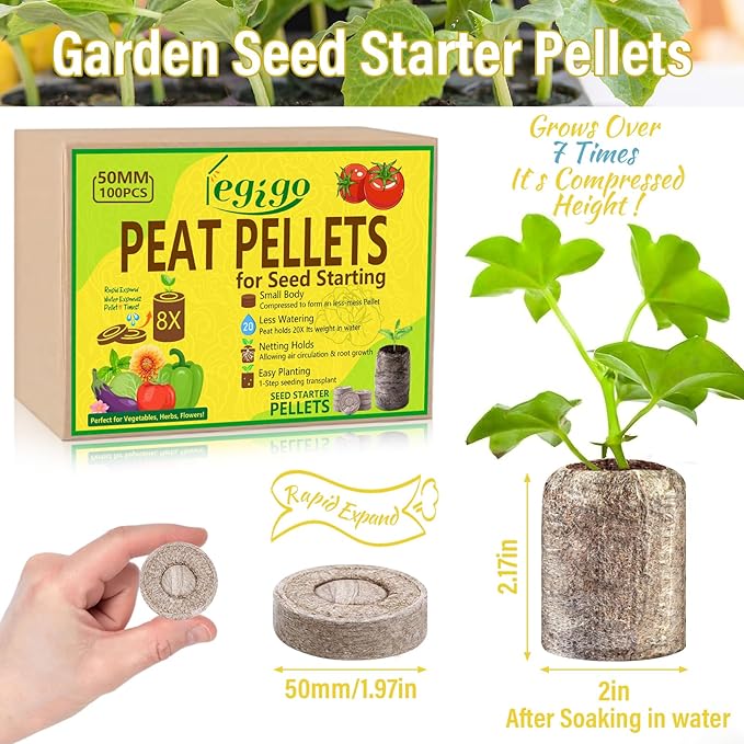 Legigo 100 Pcs 50mm Seed Starter Peat Pellets for Seedlings- Compressed Seed Starter Pods Seed Starting Pellets Plugs Soil Peat Pods for Starting Seeds, Garden Planting Herb Flower Vegetables