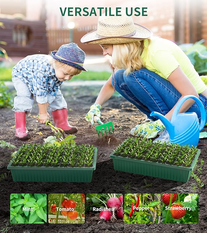 Guioiby Seed Starter Tray, 120-Cells Seed Starter Kit with Grow Light, 2 Pack Reusable Seeding Starter Trays with Air Vent Humidity Domes for Greenhouse Gardening Indoor Planting Growing (Green Base)