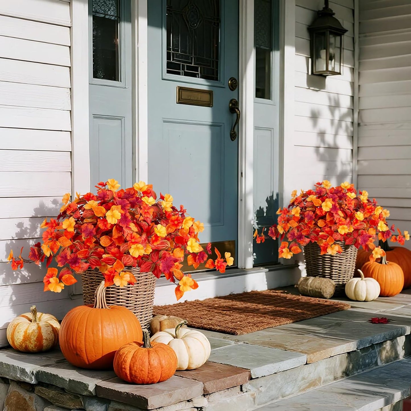 Fake Fall Flowers Artificial for Decoration 2PCS Faux Silk Fall Flowers Plants for Outdoors Outside Planters UV Resistant Looks Real for Front Door Porch Patio Garden Decor