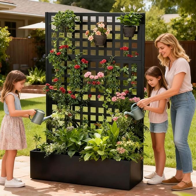 Callales Metal Raised Garden Bed with Trellis Set of 2, Vegetable and Flower Garden Boxes, Black Planter Box with Trellis for Climbing Plants Vegetable Outdoor Indoor, Large 2Pcs Set