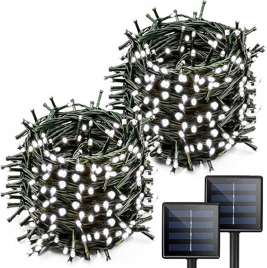 2 Pack Solar Christmas Lights Outdoor, 400 LED 144FT Extra-Long Solar String Lights Waterproof with Green Wire 8 Lighting Modes, Twinkle Light for Xmas Tree Fence Porch Garden Party Decor, Cool White