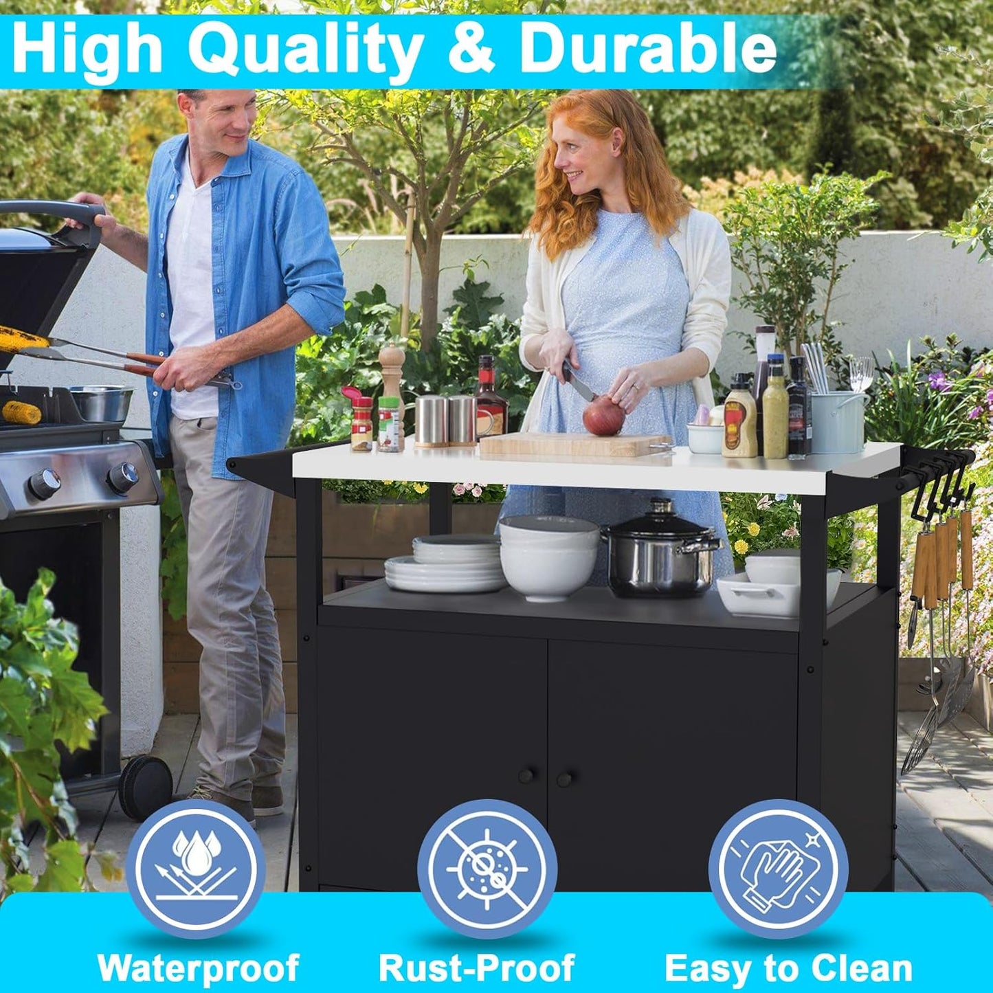 Outdoor Grill Table with Storage, Stainless Steel Grill Cart, Outdoor Kitchen Island Prep Stand Station,Blackstone Griddle Stand, BBQ Serving Cart Rolling Bar Cart with 4 Utensil Hooks